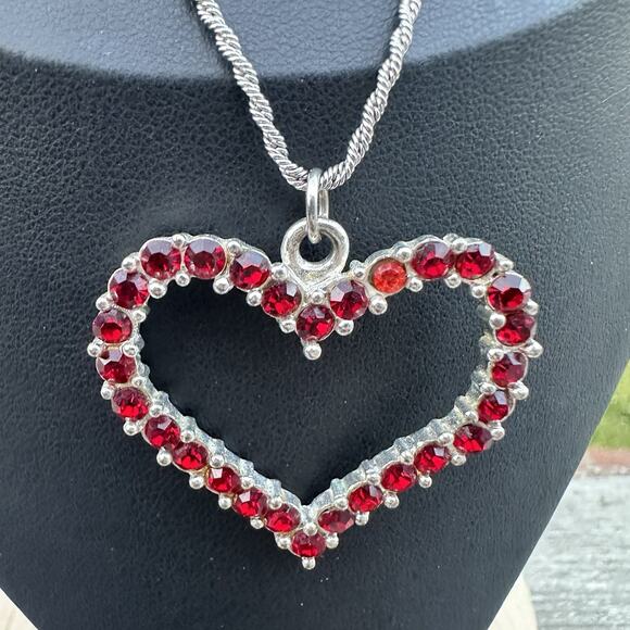 Romantic Vintage Layered Necklace Stack Cherub Rose Red Rhinestone Heart Silver - Picture 2 of 5